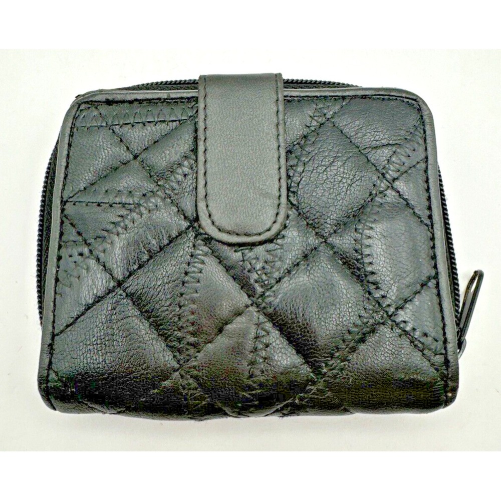 Quilted 80s Zip Around Inner Compartment Zip Pockets Wallet Black